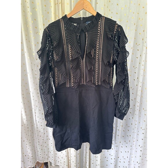 French Connection Patricia Lace Ruffled High Neck A-line Pockets Mini Dress 10 - Picture 2 of 8